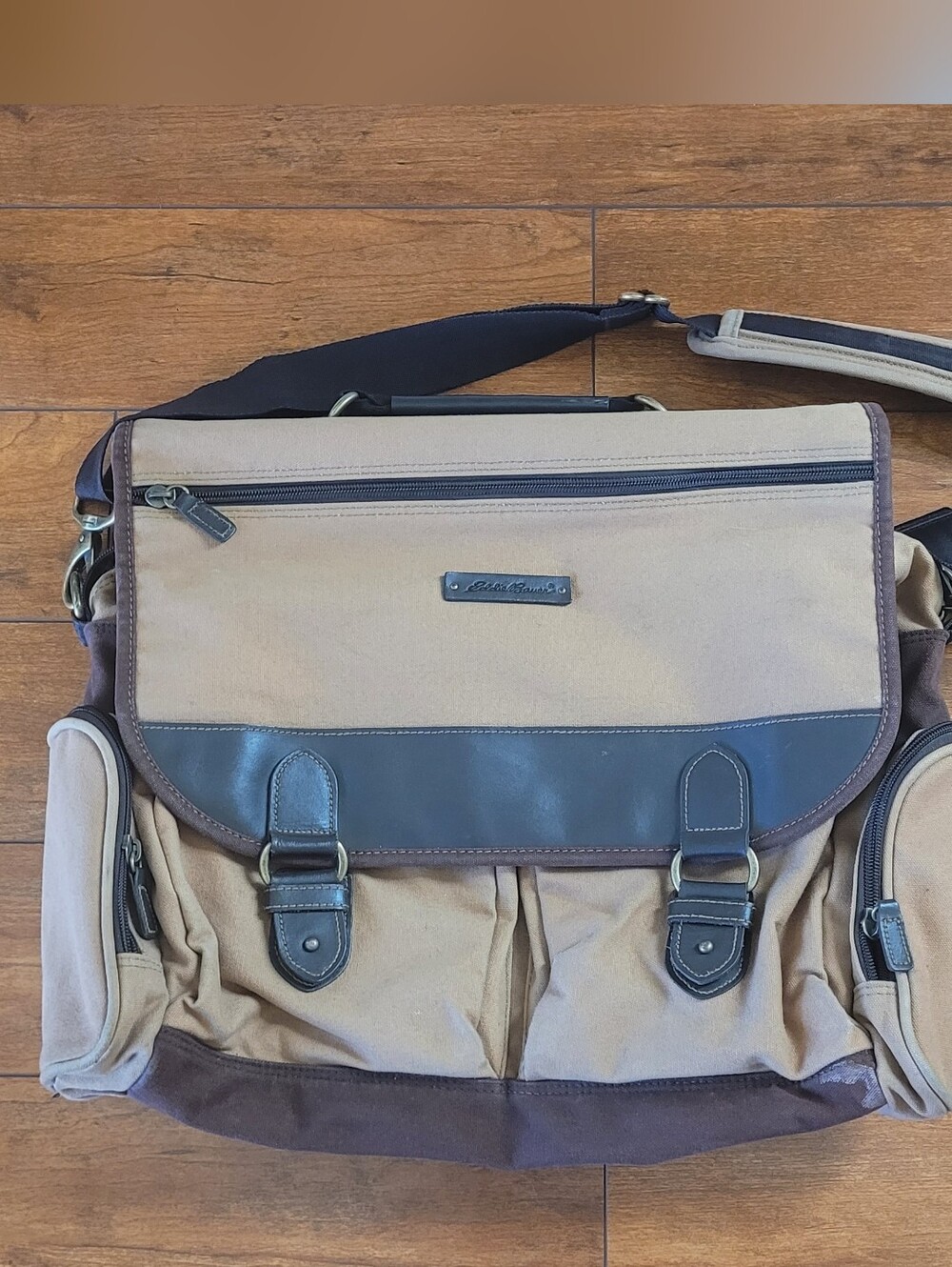Eddie Bauer Tan and Dark Brown Canvas Messenger Bag with Black Trim
